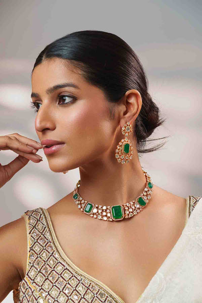 Zevar Elegant And Stylish Gold Finish Green Kundan Polki Necklace Set indian designer wear online shopping melange singapore 