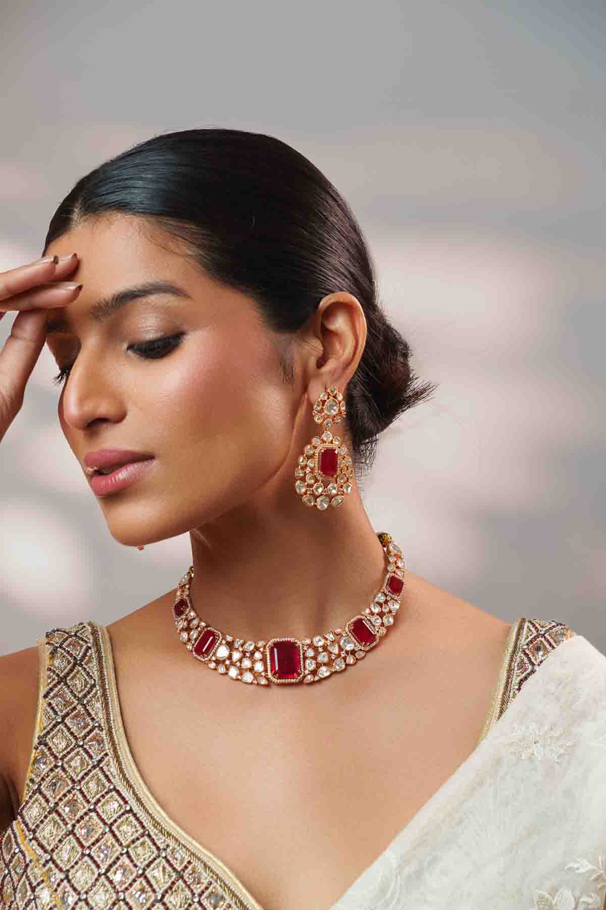 Zevar Elegant And Stylish Gold Finish Kundan Polki Necklace Set indian designer wear online shopping melange singapore 