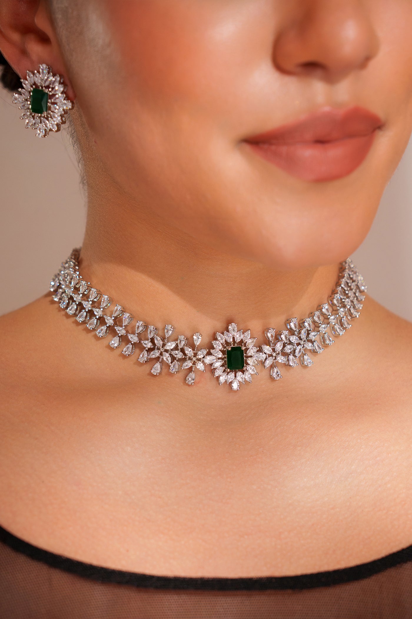 Zevar Elegant Diamond Choker With Emerald Stone And Earrings indian designer wear online shopping melange singapore