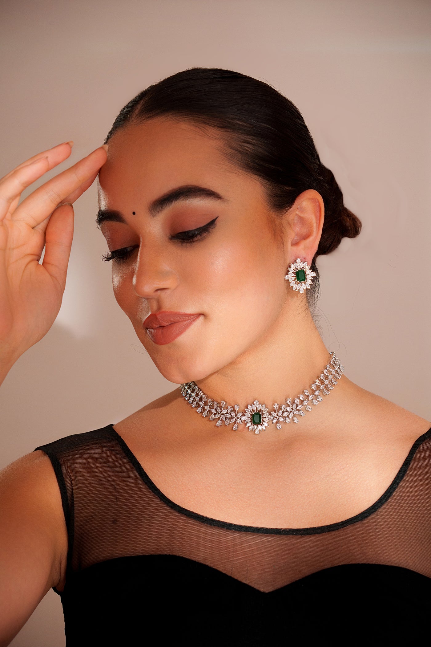 Zevar Elegant Diamond Choker With Emerald Stone And Earrings indian designer wear online shopping melange singapore