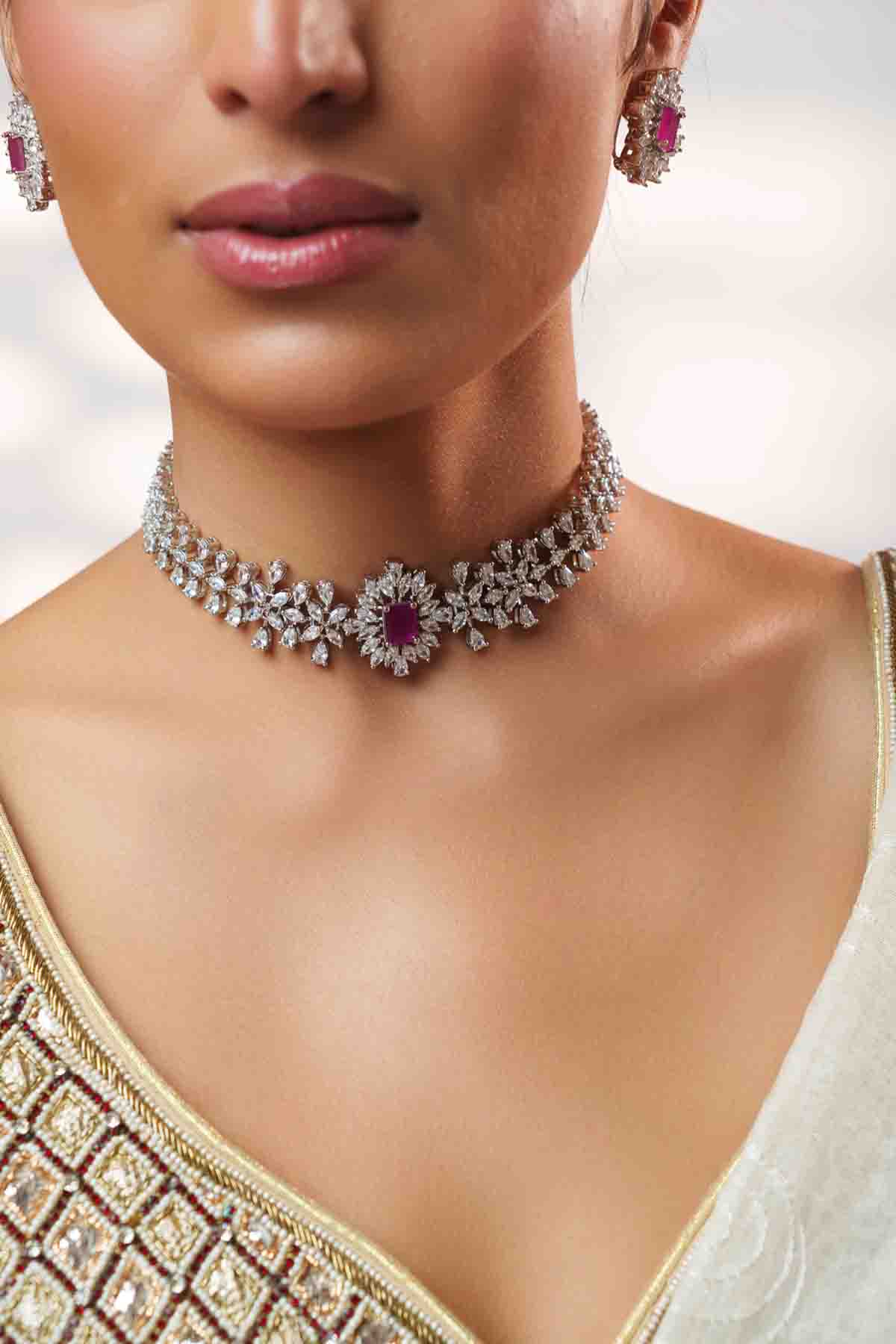 Zevar Elegant Diamond Choker With Peach Stone Set indian designer wear online shopping melange singapore 