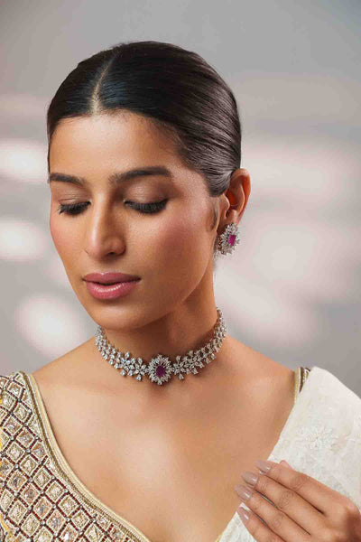 Zevar Elegant Diamond Choker With Peach Stone Set indian designer wear online shopping melange singapore 