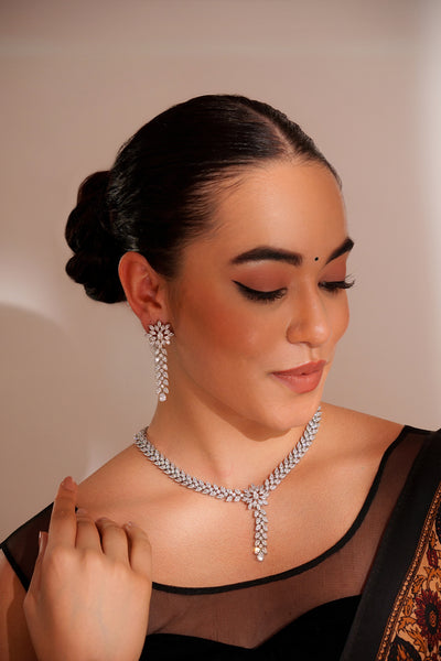 Zevar Elegant Diamond Pendant Necklace With Matching Earrings indian designer wear online shopping melange singapore
