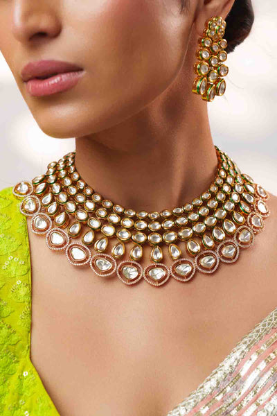 Zevar Gold Kundan And Polki Necklace Set With Earrings indian designer wear online shopping melange singapore 