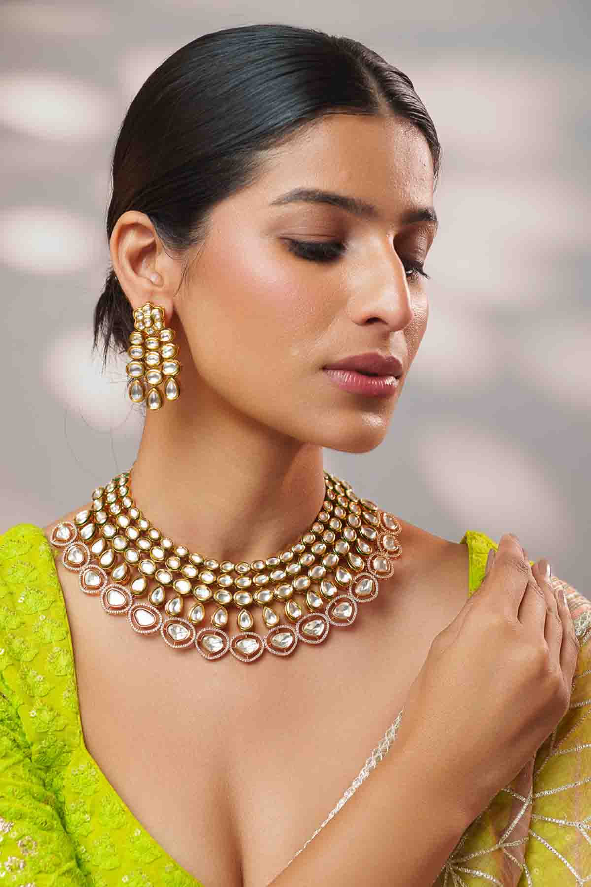 Zevar Gold Kundan And Polki Necklace Set With Earrings indian designer wear online shopping melange singapore 