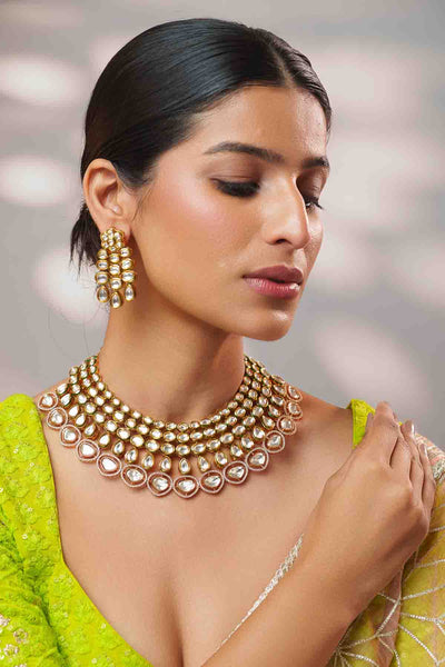 Zevar Gold Kundan And Polki Necklace Set With Earrings indian designer wear online shopping melange singapore 
