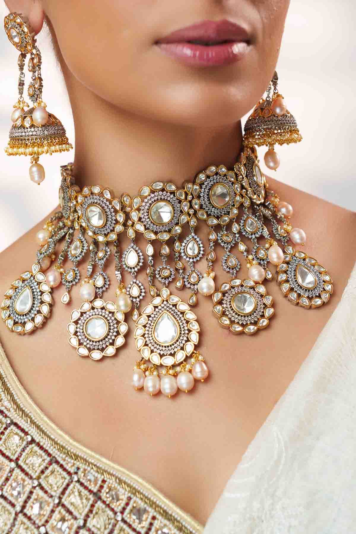 Zevar Gold Necklace Set With Earrings And Maangtika indian designer wear online shopping melange singapore 