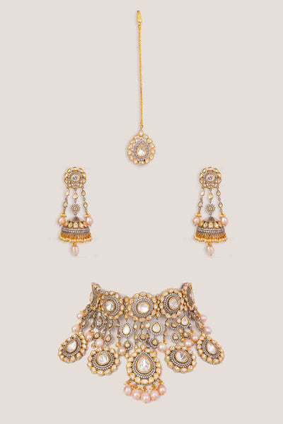 Zevar Gold Necklace Set With Earrings And Maangtika indian designer wear online shopping melange singapore 