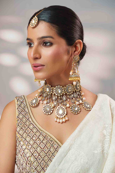 Zevar Gold Necklace Set With Earrings And Maangtika indian designer wear online shopping melange singapore 