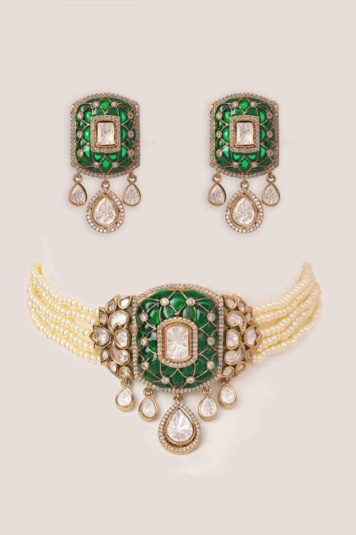 Zevar Green Choker With Matching Earrings indian designer wear online shopping melange singapore 
