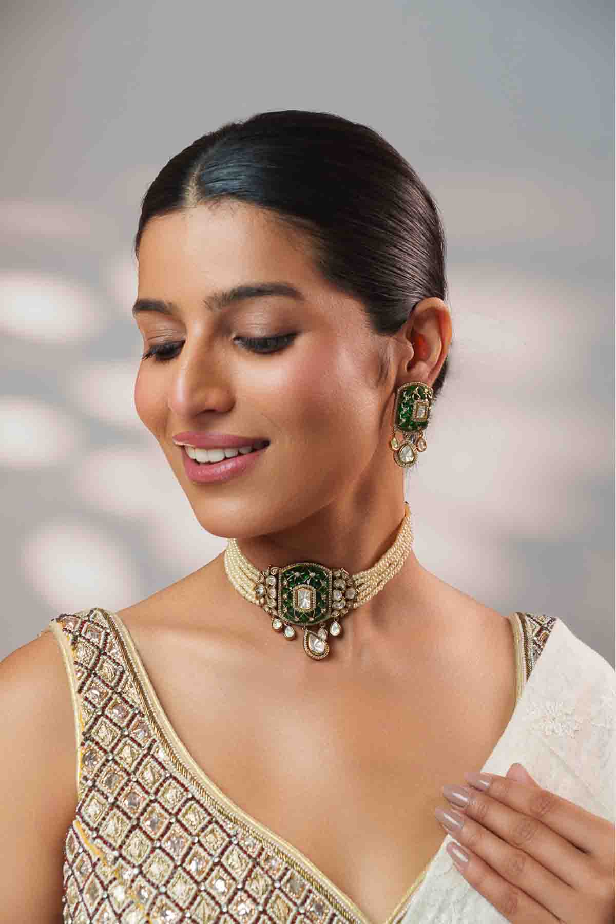 Zevar Green Choker With Matching Earrings indian designer wear online shopping melange singapore 
