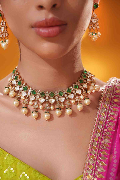 Zevar Green Kundan Polki Stone Necklace Set indian designer wear online shopping melange singapore 