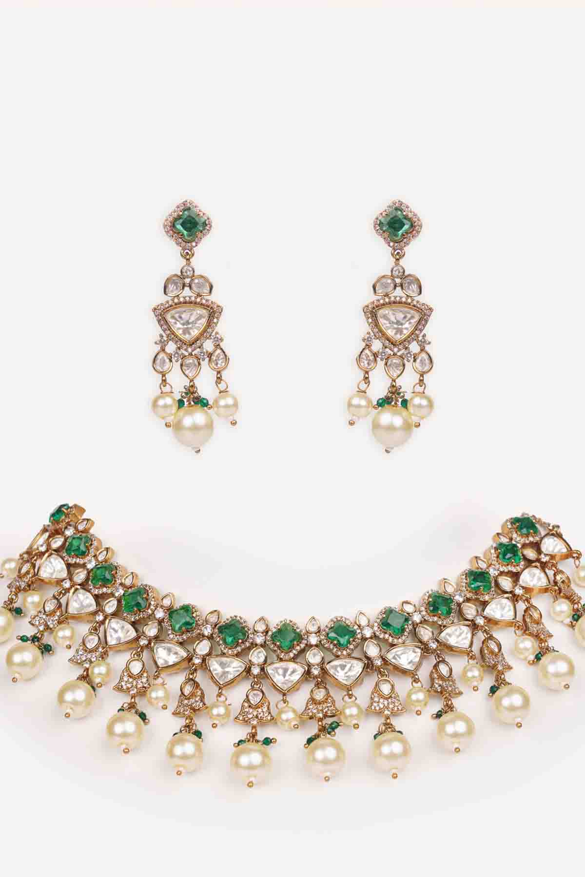 Zevar Green Kundan Polki Stone Necklace Set indian designer wear online shopping melange singapore 