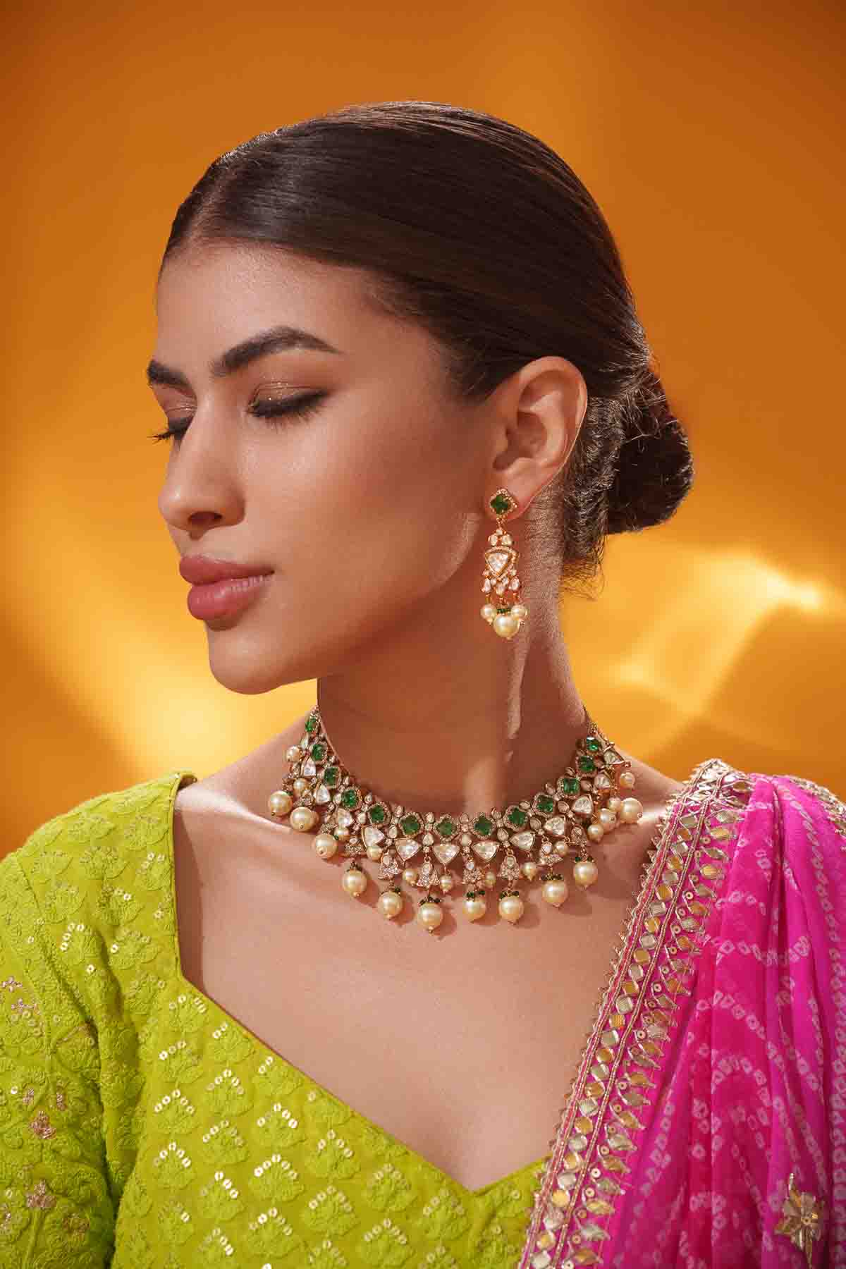 Zevar Green Kundan Polki Stone Necklace Set indian designer wear online shopping melange singapore 