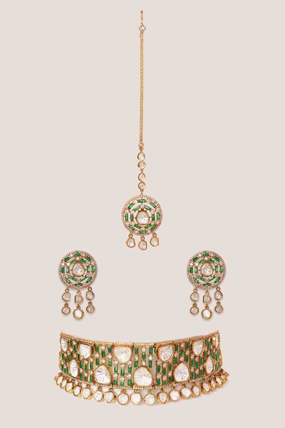 Zevar Green Polki Choker Set indian designer wear online shopping melange singapore 