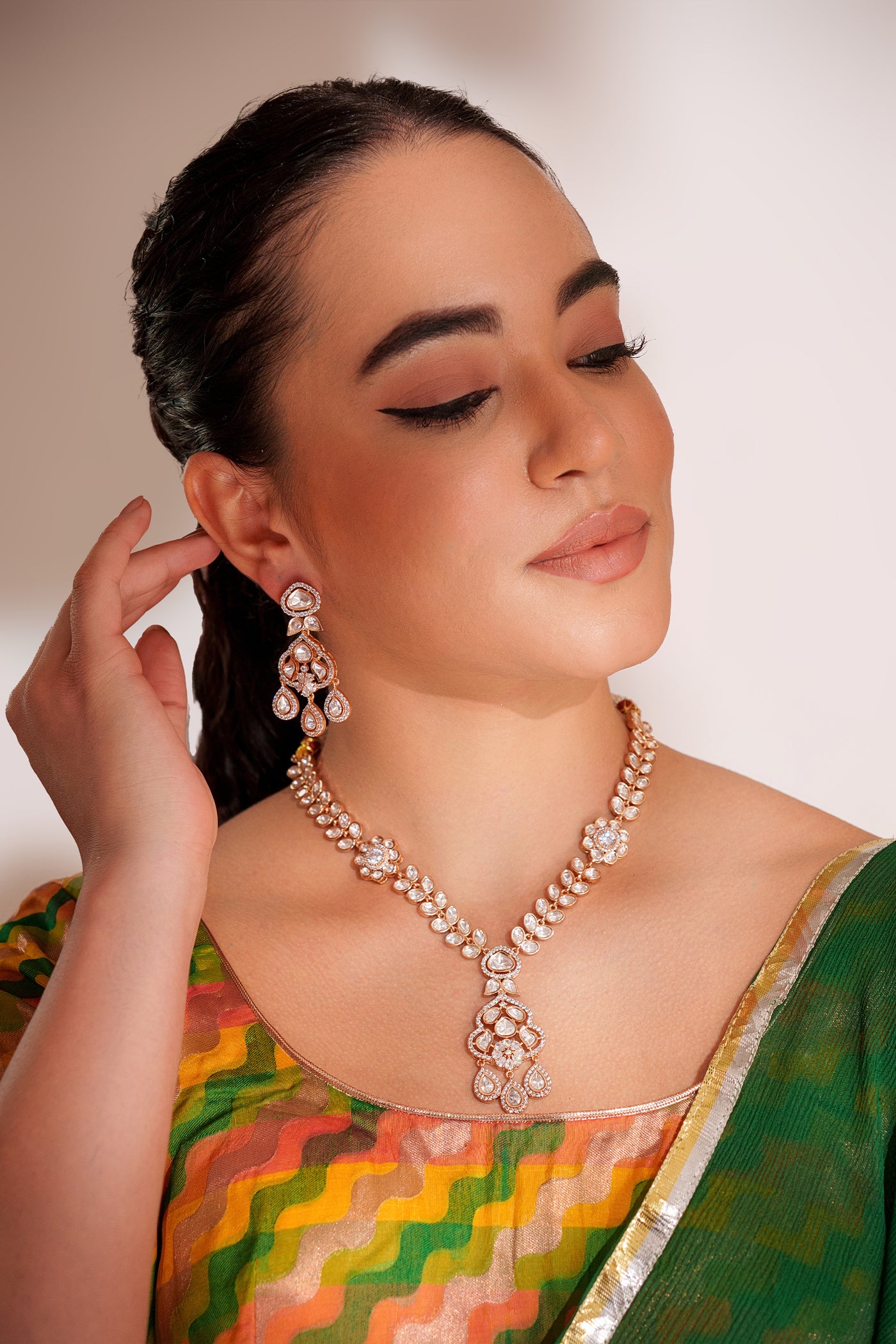 Zevar Kundan Long Pendant Necklace With Elegant Earrings indian designer wear online shopping melange singapore