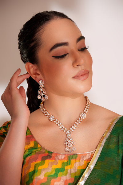 Zevar Kundan Long Pendant Necklace With Elegant Earrings indian designer wear online shopping melange singapore