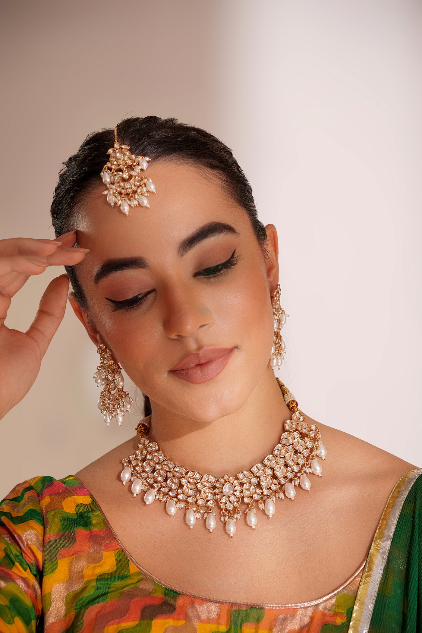 Zevar Kundan Necklace Set With Earrings And Maangtikka indian designer wear online shopping melange singapore