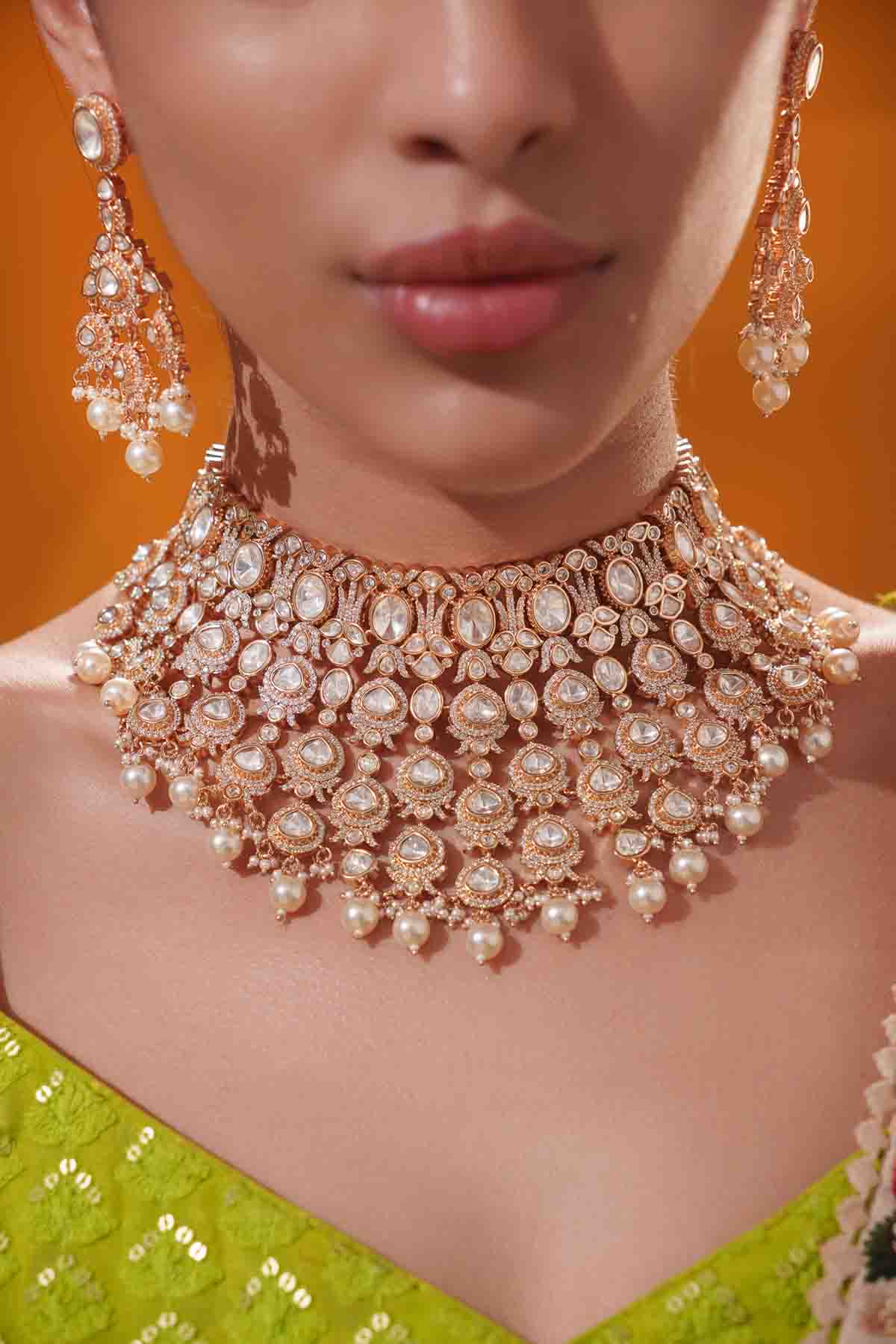 Zevar Kundan Necklace Set With Matching Earrings And Maangtikaa indian designer wear online shopping melange singapore 