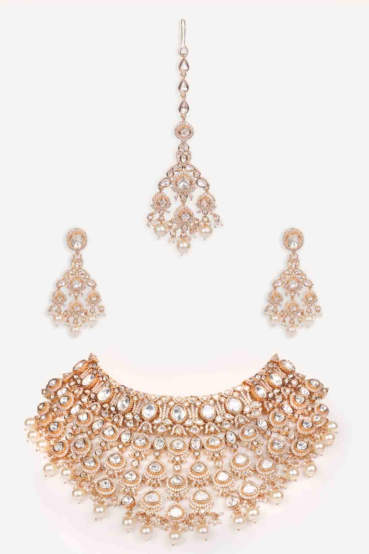 Zevar Kundan Necklace Set With Matching Earrings And Maangtikaa indian designer wear online shopping melange singapore 