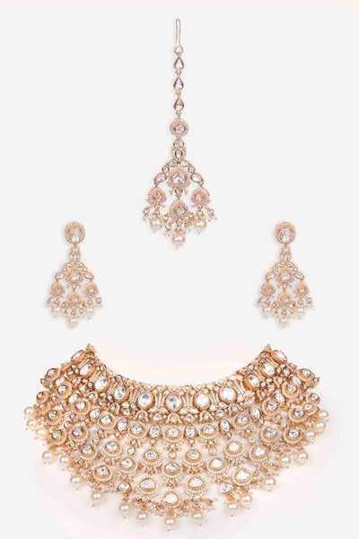 Zevar Kundan Necklace Set With Matching Earrings And Maangtikaa indian designer wear online shopping melange singapore 