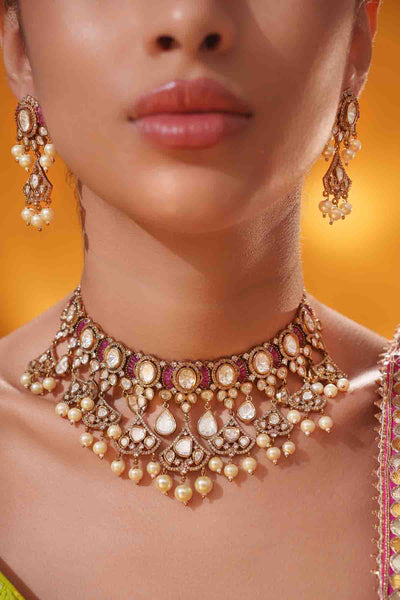 Zevar Kundan Polki Pink Stone Necklace Set indian designer wear online shopping melange singapore