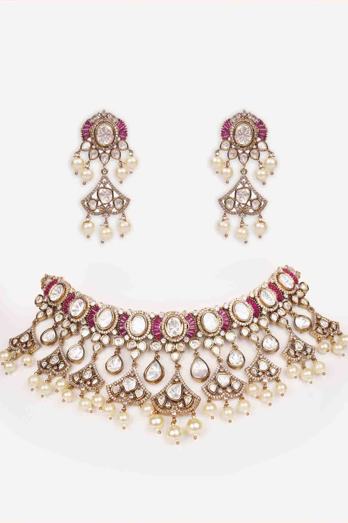 Zevar Kundan Polki Pink Stone Necklace Set indian designer wear online shopping melange singapore