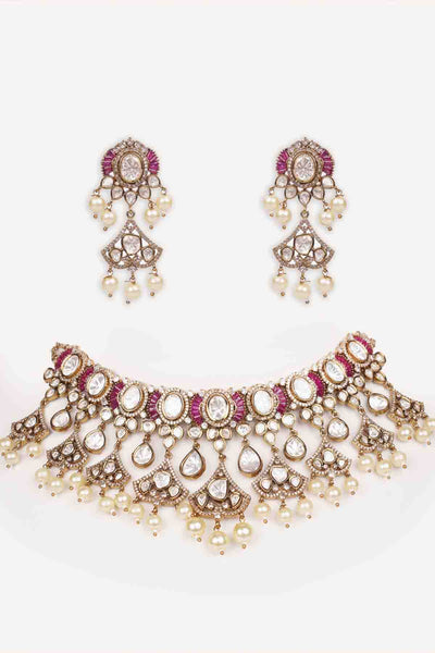Zevar Kundan Polki Pink Stone Necklace Set indian designer wear online shopping melange singapore