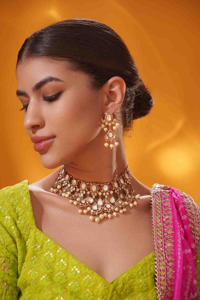 Zevar Kundan Polki Pink Stone Necklace Set indian designer wear online shopping melange singapore