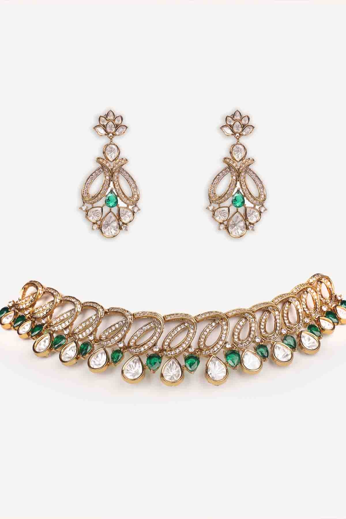 Zevar Kundan Polki Stone Necklace Set indian designer wear online shopping melange singapore 