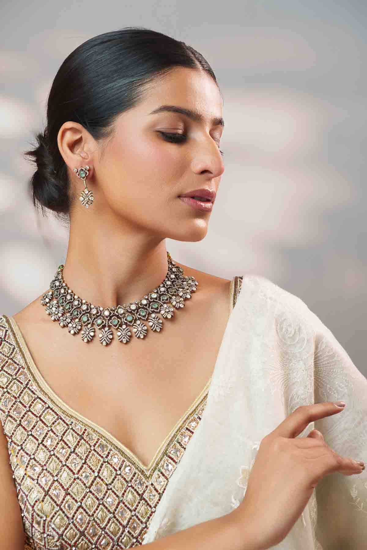 Zevar Kundan Polki Stone Necklace Set indian designer wear online shopping melange singapore 