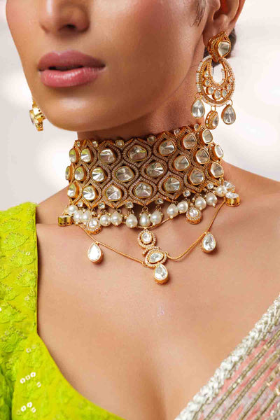 Zevar Moissanite And Polki Choker Set With Earrings indian designer wear online shopping melange singapore 