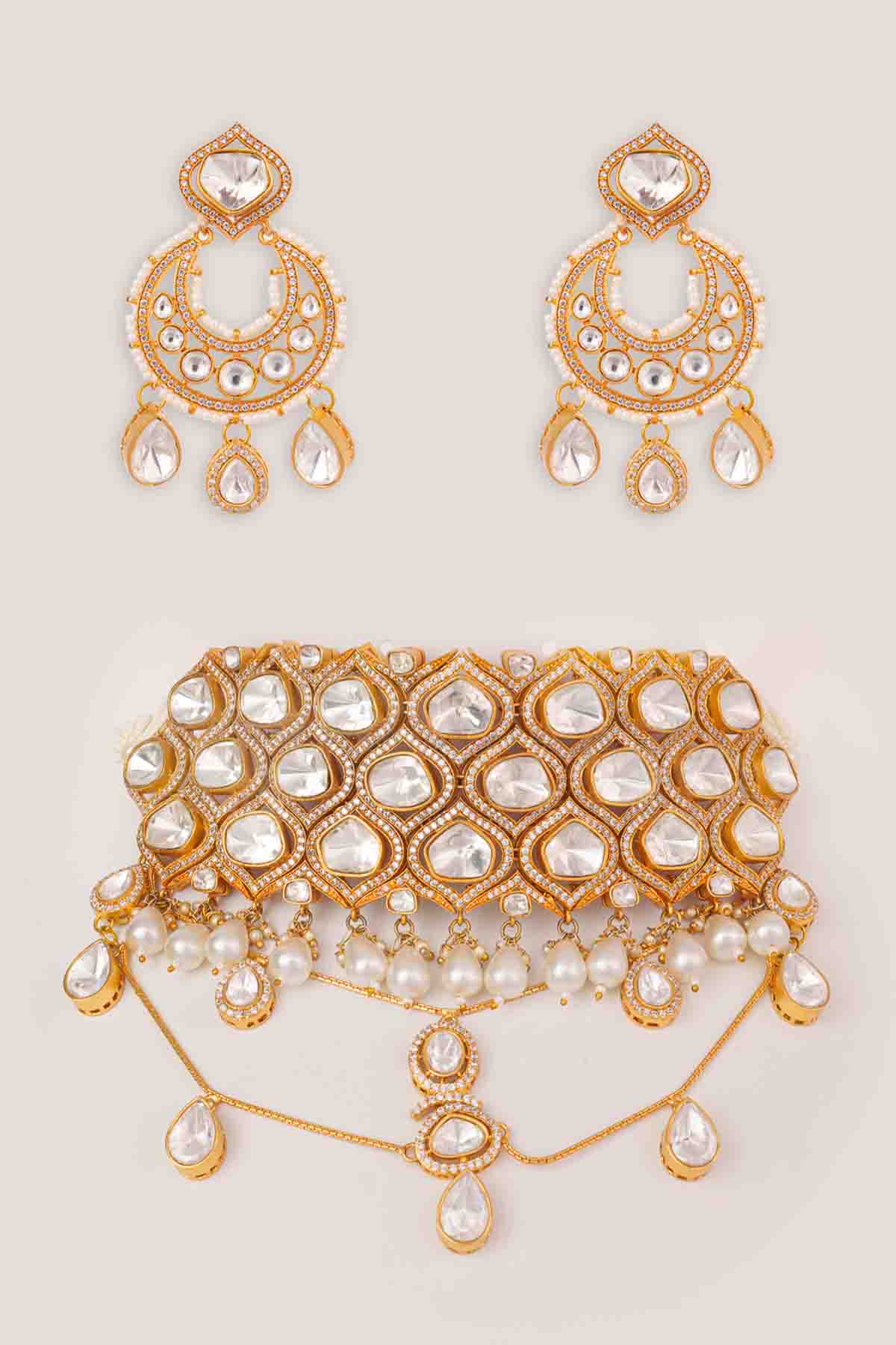 Zevar Moissanite And Polki Choker Set With Earrings indian designer wear online shopping melange singapore 