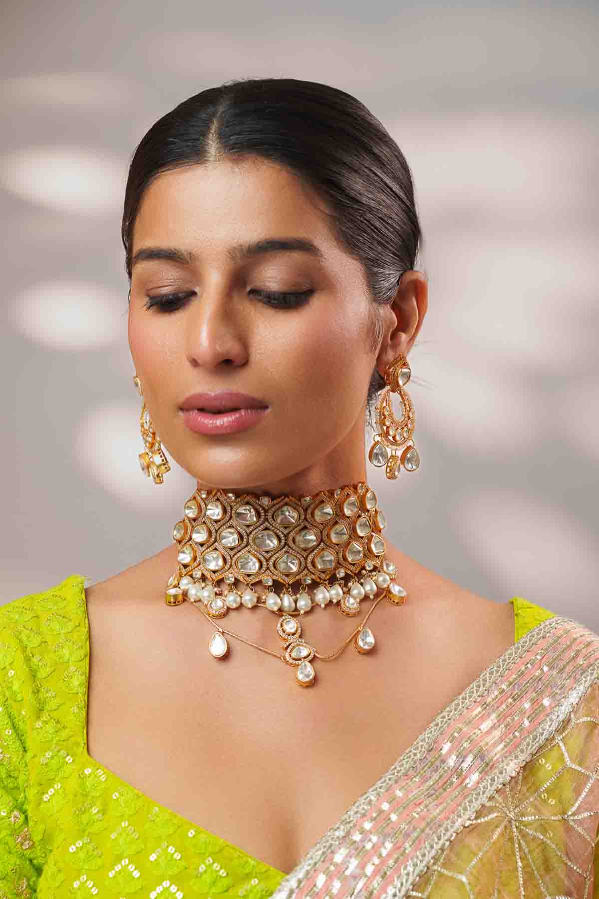 Zevar Moissanite And Polki Choker Set With Earrings indian designer wear online shopping melange singapore 