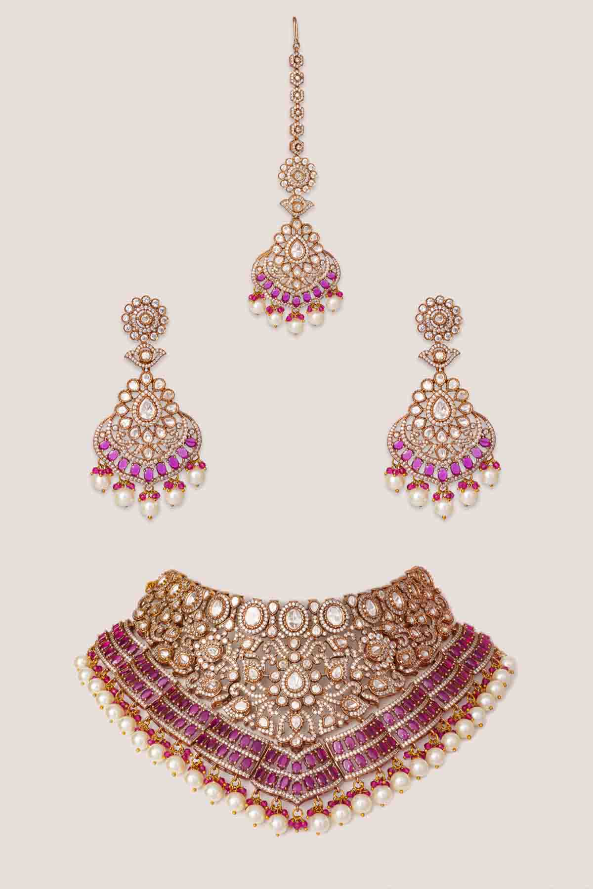 Zevar Necklace Set With Matching Earrings And Maangtika indian designer wear online shopping melange singapore 