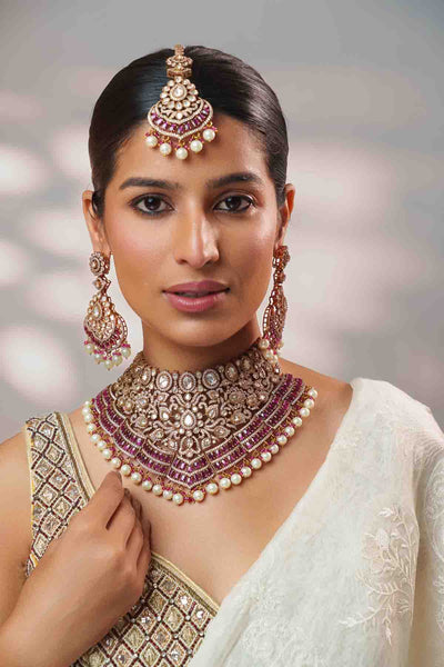 Zevar Necklace Set With Matching Earrings And Maangtika indian designer wear online shopping melange singapore 