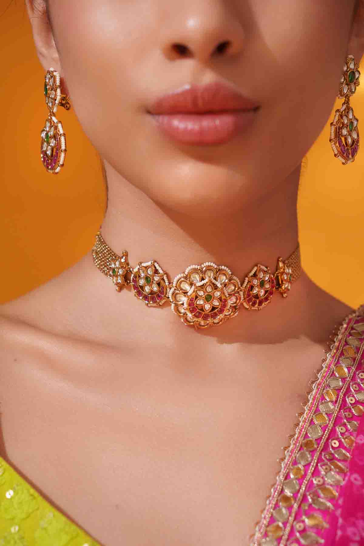 Zevar Pink Kundan Choker With Matching Earrings indian designer wear online shopping melange singapore 