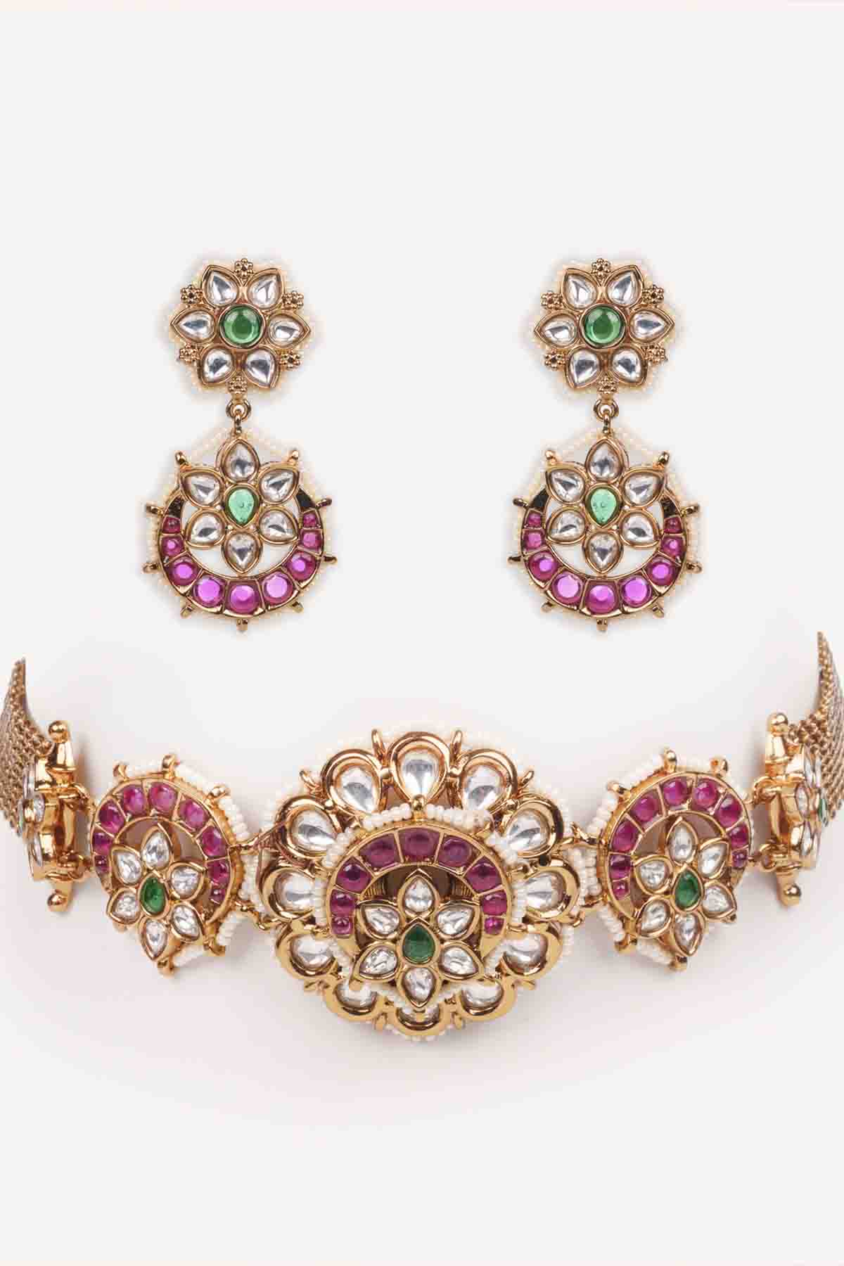 Zevar Pink Kundan Choker With Matching Earrings indian designer wear online shopping melange singapore 