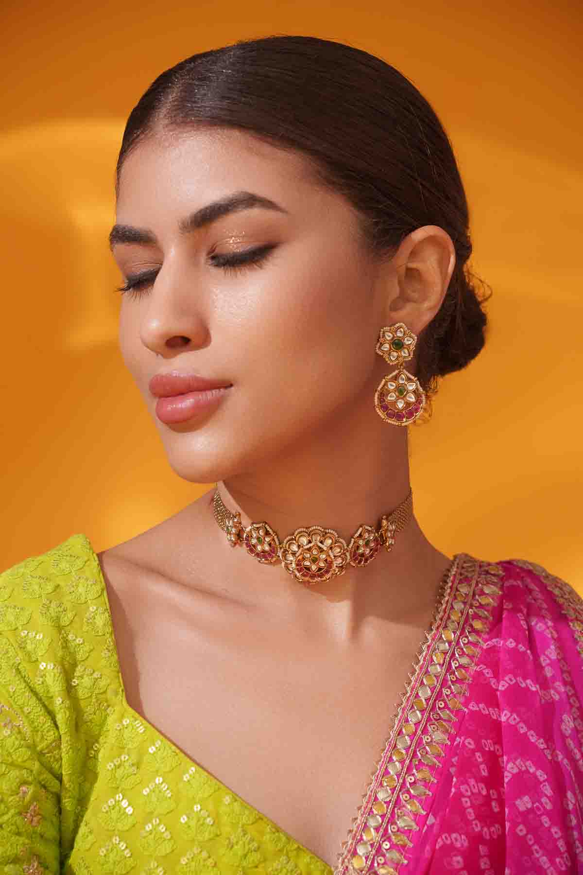 Zevar Pink Kundan Choker With Matching Earrings indian designer wear online shopping melange singapore 
