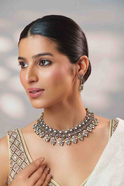 Zevar Pink Kundan Polki Stone Necklace Set indian designer wear online shopping melange singapore 