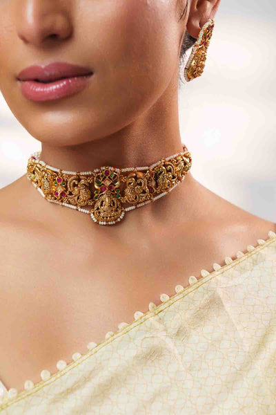 Zevar Temple Choker With Elegant Pair Of Earrings indian designer wear online shopping melange singapore 