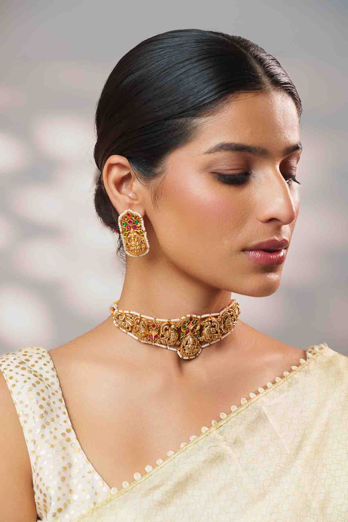 Zevar Temple Choker With Elegant Pair Of Earrings indian designer wear online shopping melange singapore 
