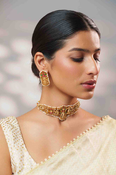 Zevar Temple Choker With Elegant Pair Of Earrings indian designer wear online shopping melange singapore 