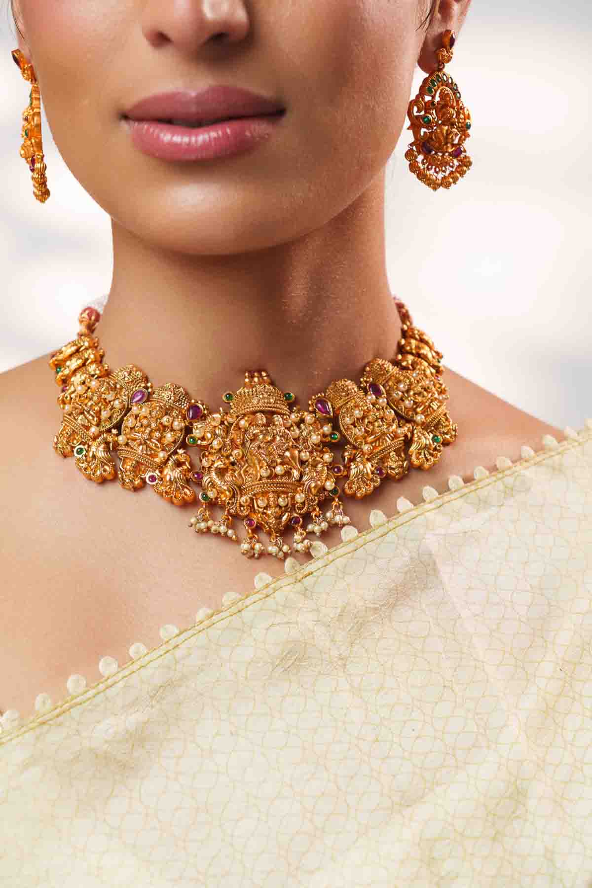 Zevar Traditional Classic Kundan Temple Necklace Set indian designer wear online shopping melange singapore