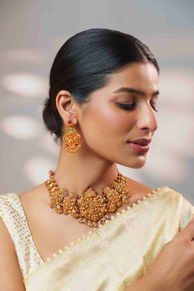 Zevar Traditional Classic Kundan Temple Necklace Set indian designer wear online shopping melange singapore