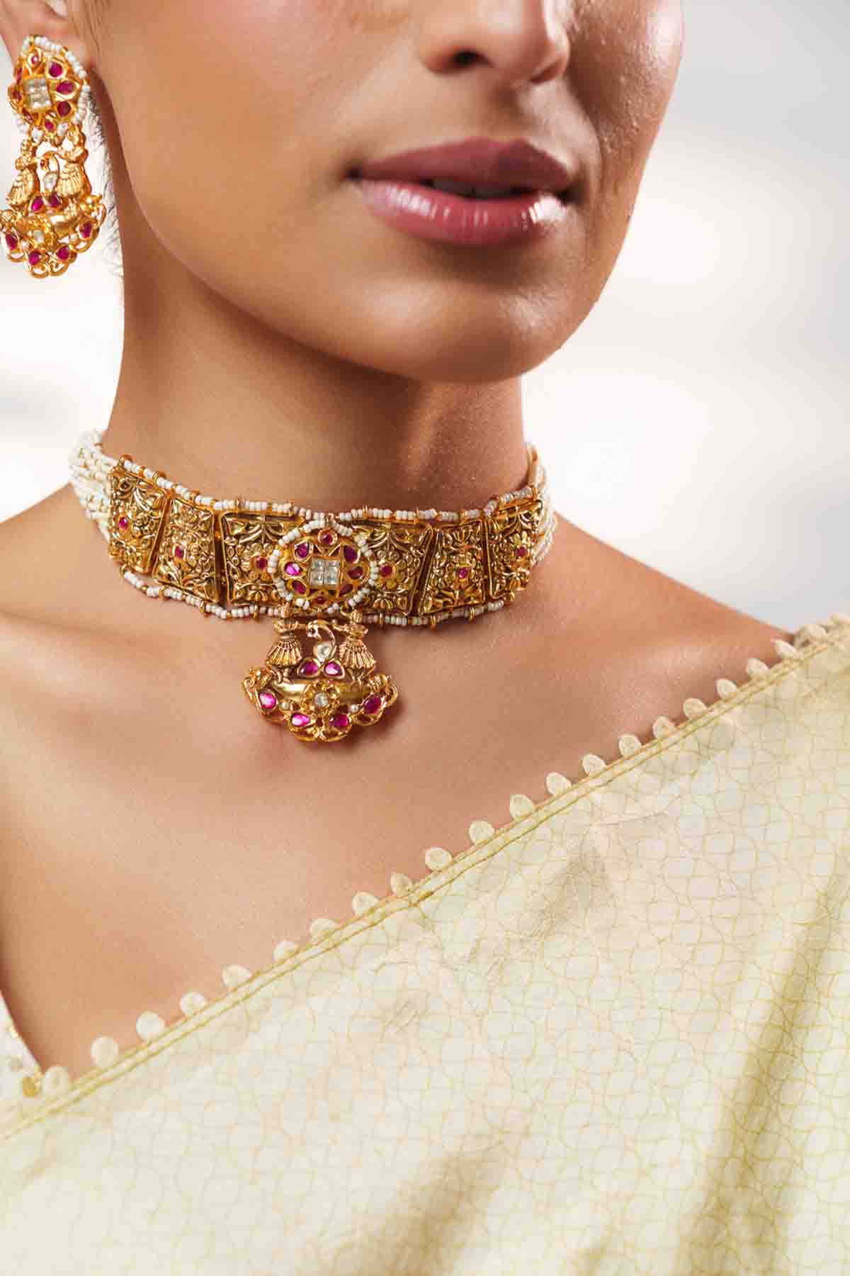 Zevar Traditional Yet Classic Kundan Temple Choker Set indian designer wear online shopping melange singapore 
