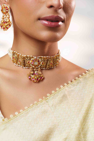 Zevar Traditional Yet Classic Kundan Temple Choker Set indian designer wear online shopping melange singapore 
