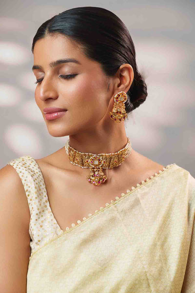 Zevar Traditional Yet Classic Kundan Temple Choker Set indian designer wear online shopping melange singapore 
