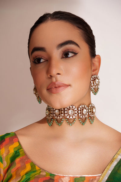Zevar Two Tone Finish Polki Choker Set Aqua indian designer wear online shopping melange singapore