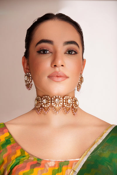 Zevar Two Tone Finish Polki Choker Set Pink indian designer wear online shopping melange singapore